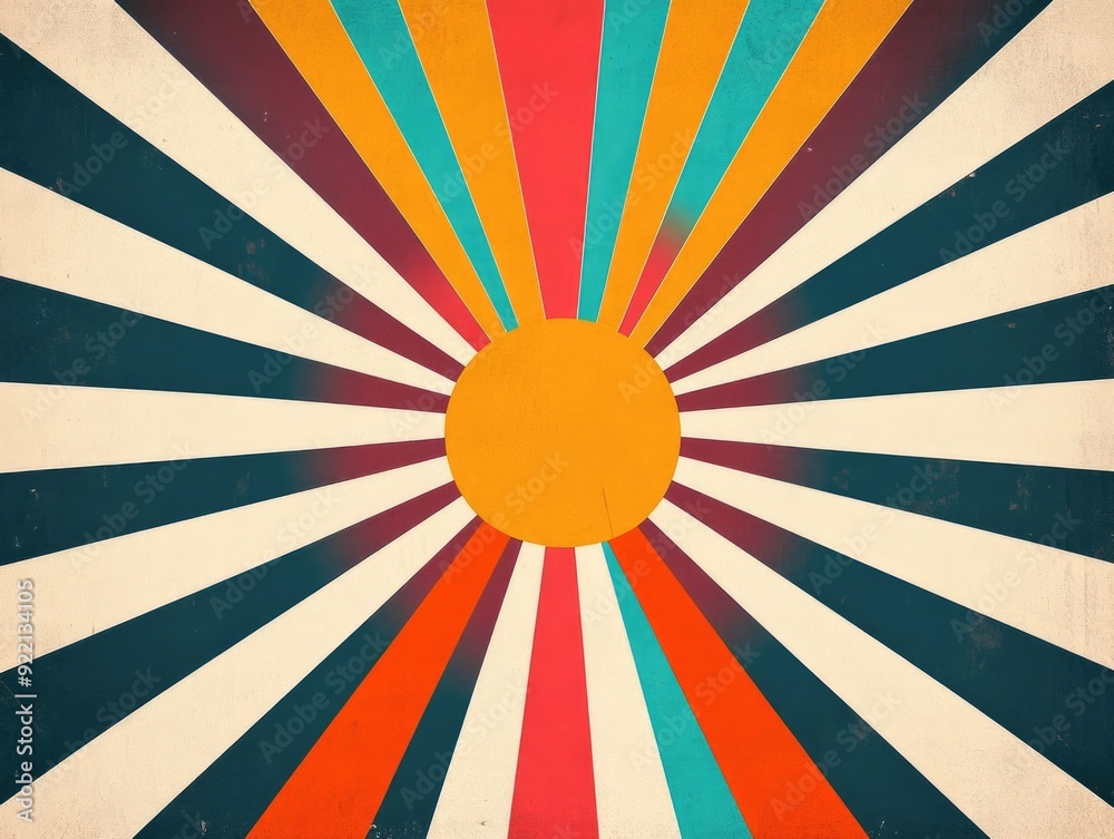 Poster overlapping circular shapes with radial lines creating a dynamic starburst effect in a mid century m