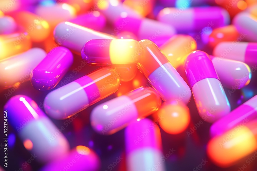 Sticker A vibrant and futuristic close up of neon colored capsules glowing under intense lighting symbolizing the innovation energy and high tech advancements in modern pharmaceutical treatments