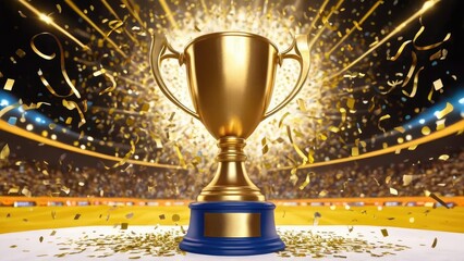 A shining gold trophy in a stadium, surrounded by a burst of confetti, embodies the glory and triumph of victory on the grandest stage of competition
