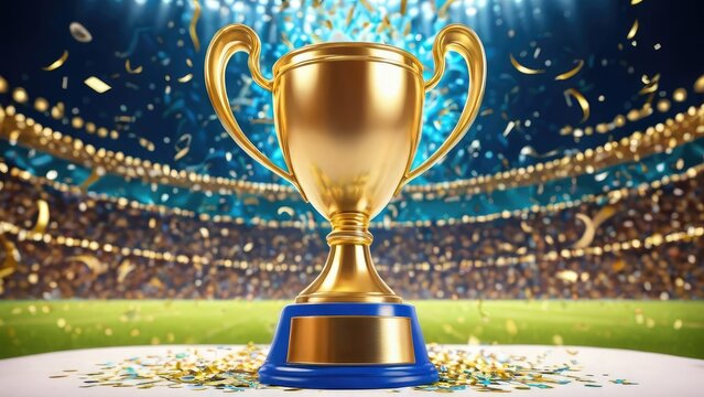 A shining gold trophy in a stadium, surrounded by a burst of confetti, embodies the glory and triumph of victory on the grandest stage of competition