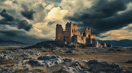 Obraz premium The panoramic shot shows an old, ruined castle set in hard, rocky terrain contrasting with a stormy, cloudy sky.