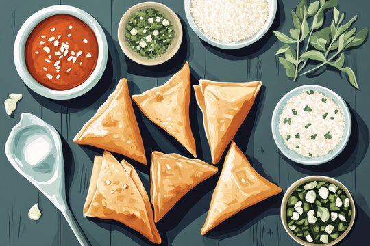 Illustration of a samosa recipe card featuring step-by-step instructions and ingredients, with a clean and inviting design showcasing the preparation and cooking process