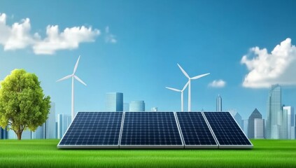 Aerial View of Solar Panels and Wind Turbines at Sunset