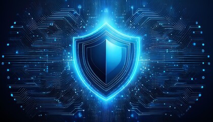 Futuristic blue shield ethics and privacy protection abstract technology background. Artificial intelligence digital transformation and Business quantum internet network communication and Antivirus