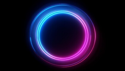 Fototapeta premium Round circle picture frame with two tone neon color shade motion graphic on isolated black background. Blue and pink light moving for overlay element. 3D illustration rendering. Empty space in middle