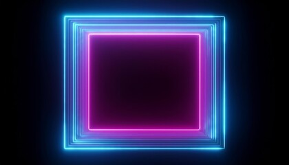 Square rectangle picture frame with two tone neon color motion graphic on isolated black background. Blue and pink light moving for overlay element. 3D illustration rendering. Empty copy space middle