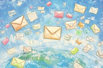 World Letter Writing Day, illustration of mail letters flying through the air, adorned with cute doodles and stamps, symbolizing the global exchange of handwritten letter envelopes