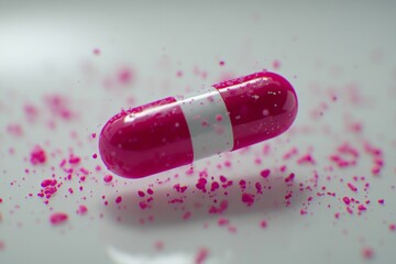 A vibrant and dynamic close up of a single red and white capsule surrounded by particles symbolizing the intensity energy and effectiveness of modern pharmaceutical treatments in healthcare