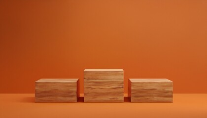 Three brown wooden rectangle cube product stage podium on orange background. Minimal fashion theme. Geometry exhibition stage mockup concept. 3D illustration rendering graphic design