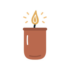 Burning candle in glass. Flat cartoon vector illustration isolated on white background.