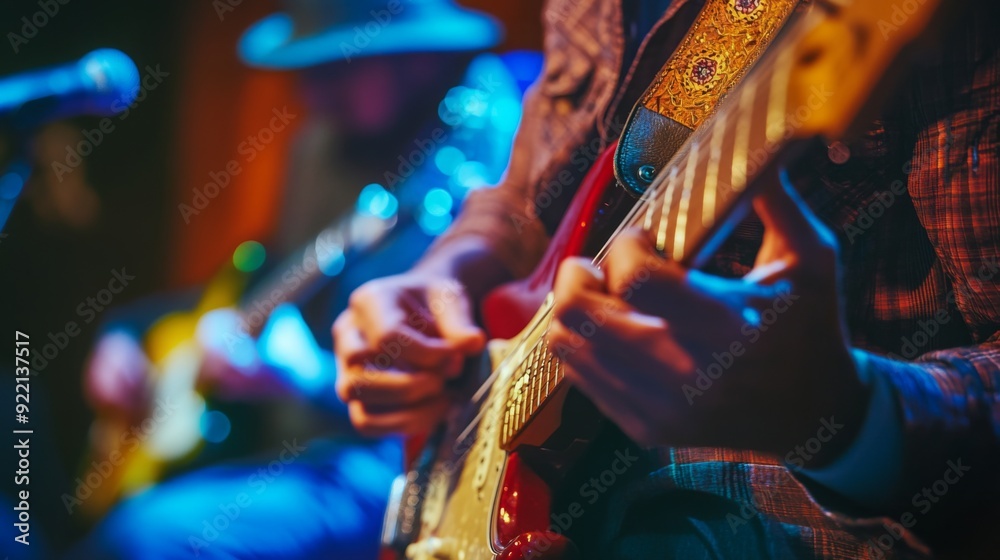 Poster a guitarist passionately plays on stage, illuminated by soft blue lighting, while another musician p