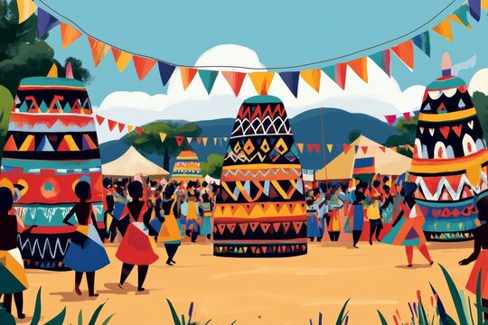 Illustration of the Somhlolo Day parade, featuring floats decorated with traditional Swazi patterns and people in colorful costumes, set against a festive background with flags and bunting