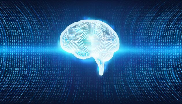 Smart glowing brain on blue abstract digital binary code background. Sciene technology and Digital transformation concept. New futuristic system technology sign and symbol. illustration. - Powered by Adobe