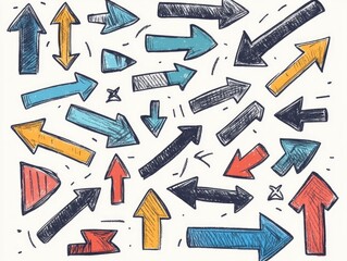 Doodle style arrows pointing in diverse directions with hand drawn playful elements  Expressive abstract graphic conveying concept of creativity guidance and dynamism