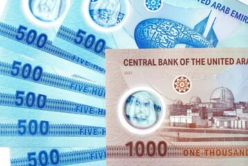 Fototapeta premium Close up Dirhams currency, AED, Bank note and coins, United Arab Emirates