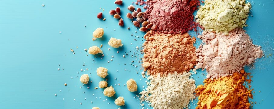 Minimalist pop art style breakfast setup with juices and cereals on colorful background
