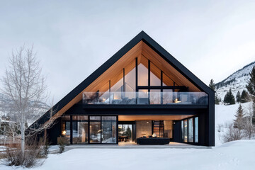 A beautiful A-frame wooden house with full wall windows by snowy mount