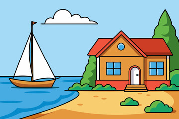 Fototapeta premium House on the shore and a sailboat next to it. Sketch illustration for coloring book art vector illustration