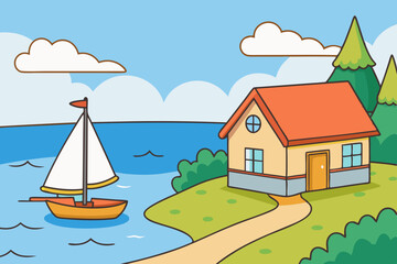 House on the shore and a sailboat next to it. Sketch illustration for coloring book art vector illustration