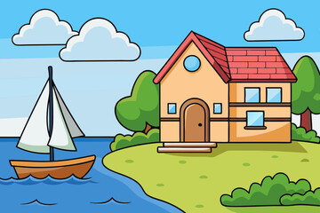 Fototapeta premium House on the shore and a sailboat next to it. Sketch illustration for coloring book art vector illustration