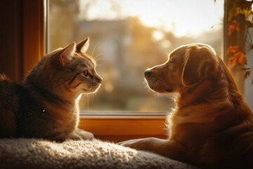 Cat and dog playing