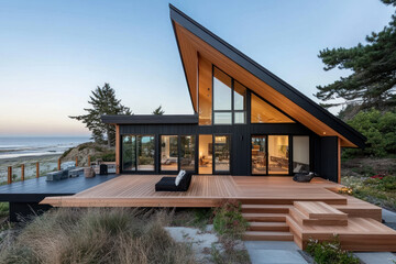 A cozy A-frame wooden house with full wall windows by seaside