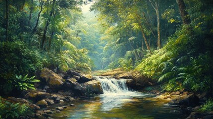 Obraz premium Waterfall in Lush Tropical Rainforest