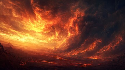 A dramatic scene of a firestorm sweeping across a desert landscape. The intense, swirling flames and thick smoke create a sense of devastation and the raw power of nature.