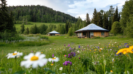 A cozy modern yurt by meadow wildflower, luxury glamorous camping glamping