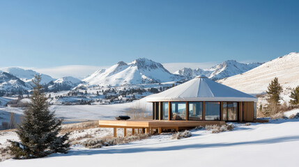 A cozy modern yurt by snowy mountain, luxury glamorous camping glamping