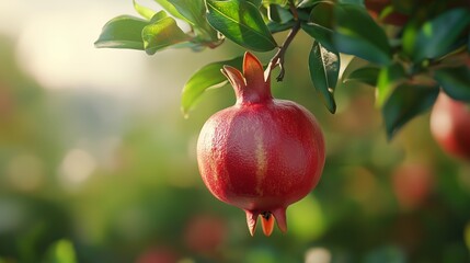 Ripe pomegranate hanging from a tree branch in a vibrant orchard during early morning light