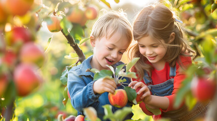 Close up of kids are picking fresh apples from an apple tree together during the harvest season in Autumn.