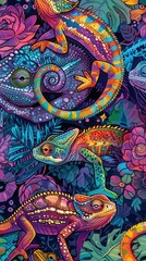 A group of colorful chameleons among vibrant plants in a surreal, tropical environment with bright patterns