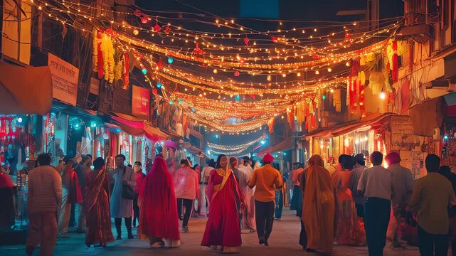 Vibrant celebration on a bustling street, adorned with festive lights, traditional Indian cultural festival, lively atmosphere with colorful decorations and joyful crowd