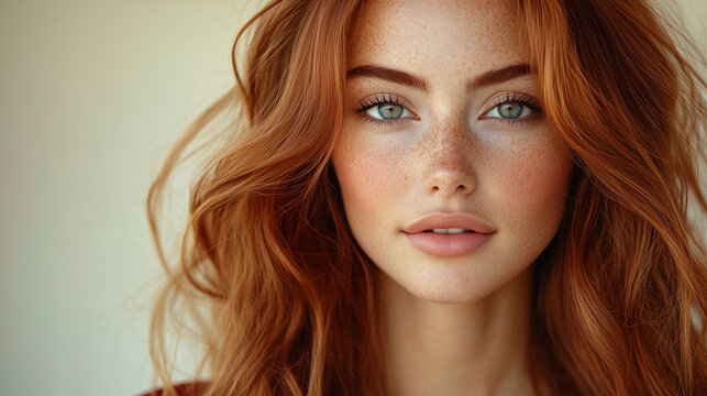 A beautiful female model with long, wavy auburn hair, wearing a sleek red dress, posing on a light yellow background with natural lighting