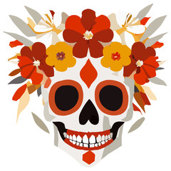 Fototapeta premium Ilustración de Katrina en tonos cálidos, calavera con flores en la cabeza