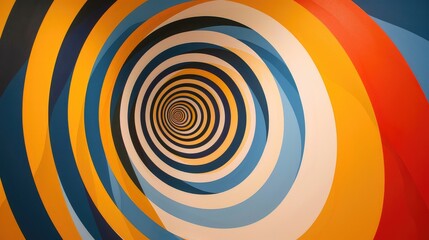 Abstract colorful spiral pattern in orange, yellow, blue, black and white.  Hypnotic and mesmerizing design.