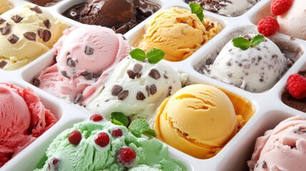 Assorted colorful ice cream scoops with fresh fruit toppings