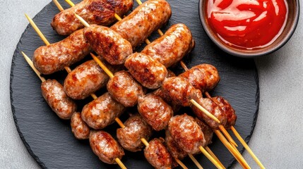 Spiral sausages on sticks are arranged neatly with ketchup on the side, creating an appetizing top-down view against a grey backdrop