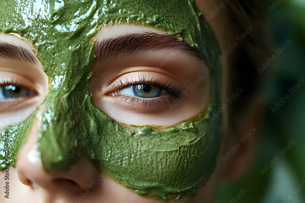 Wall mural Close-up portrait of a woman with a DIY matcha face mask applied, highlighting her eyes and the detailed texture of the skincare treatment on her skin.