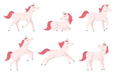 A set of unicorn lilies. A fabulous magical horse with one horn. A magical mythological creature. Vector illustration