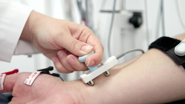  Electromyography for testing patient nerve activity. A modern medical test to detect nerve and muscle issues. Perfect for showcasing professional diagnostics.