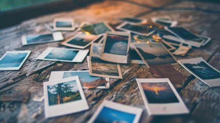 Naklejka premium Scattered Polaroid Photos on Rustic Table