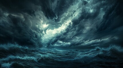 A dramatic sky over a coastal scene with storm clouds gathering on the horizon. The dark, threatening clouds and the turbulent sea create a powerful and intense visual impact.