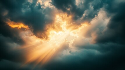 A dramatic sky with the sun partially obscured by dark, billowing storm clouds. Rays of sunlight break through in beams, creating a striking contrast between the dark clouds and the bright light. 