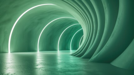 Obraz premium Abstract green neon light illuminating a futuristic tunnel. The tunnel's curved walls create a sense of depth and mystery. A perfect backdrop for creative concepts.