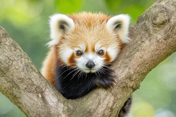 Adorable red panda resting on tree branch