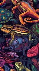 Fototapeta premium Various reptiles interact with a richly colored underwater landscape filled with plants and rocks