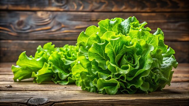 Fresh crisp green lettuce leaves with delicate veins and rounded edges arranged artfully on a rustic wooden table, softly lit with warm natural light.
