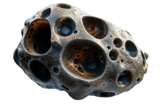 Close-up view of a meteorite with cratered surface, showcasing unique holes and textures. Perfect for space, astronomy, and geology themes.
